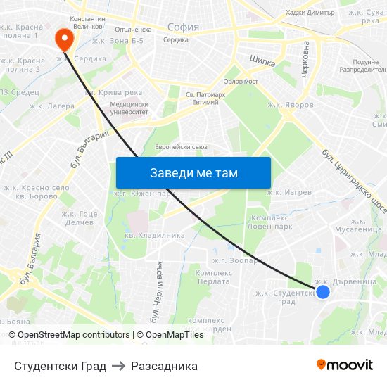 Студентски Град to Разсадника map