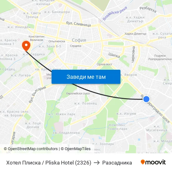 Хотел Плиска / Pliska Hotel (2326) to Разсадника map