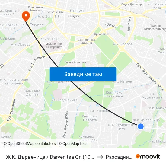 Ж.К. Дървеница / Darvenitsa Qr. (1015) to Разсадника map