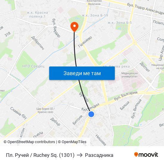 Пл. Ручей / Ruchey Sq. (1301) to Разсадника map