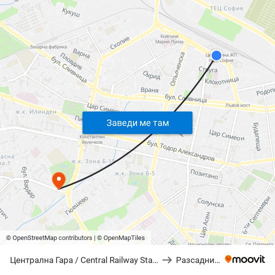 Централна Гара / Central Railway Station to Разсадника map