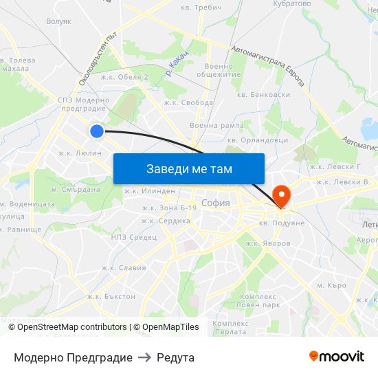 Модерно Предградие to Редута map