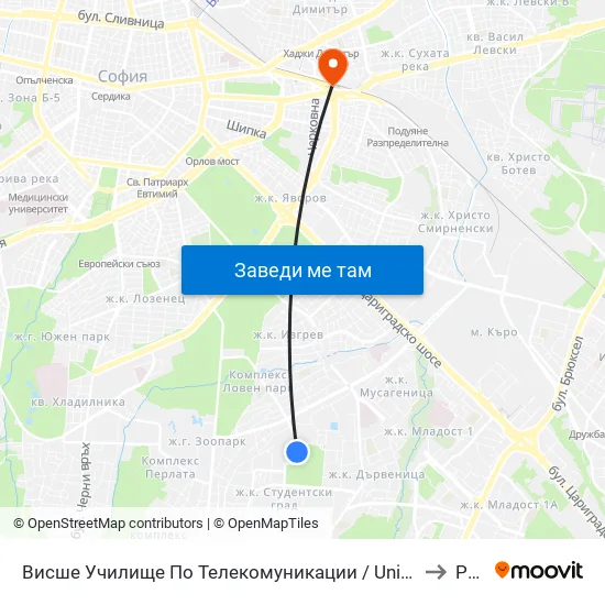 Висше Училище По Телекомуникации / University Of Telecommunications And Post (1396) to Редута map