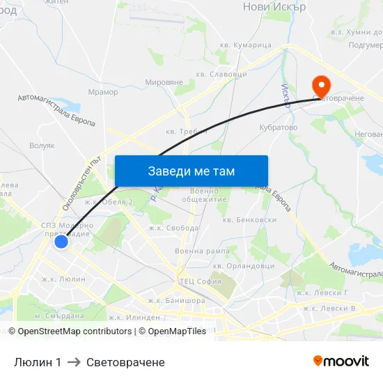 Люлин 1 to Световрачене map