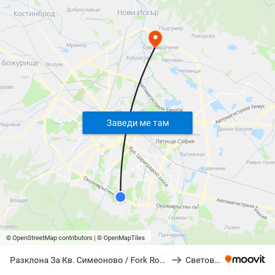 Разклона За Кв. Симеоново / Fork Road To Simeonovo Qr. (1459) to Световрачене map