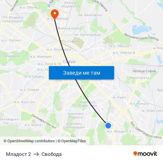 Младост 2 to Свобода map