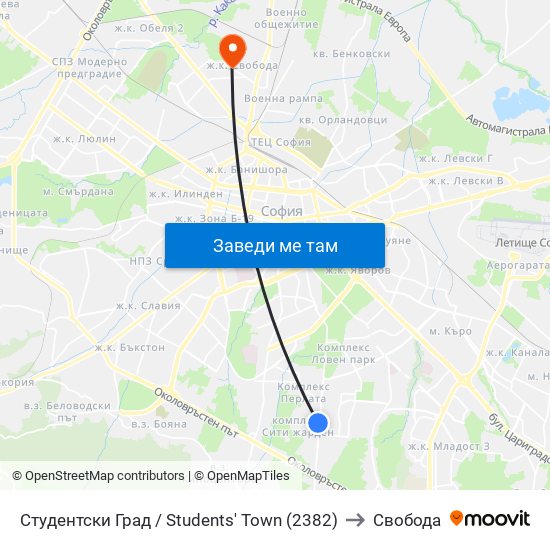 Студентски Град / Students' Town (2382) to Свобода map