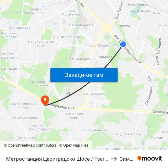 Метростанция Цариградско Шосе / Tsarigradsko Shosse Metro Station (1016) to Симеоново map