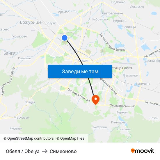 Обеля / Obelya to Симеоново map