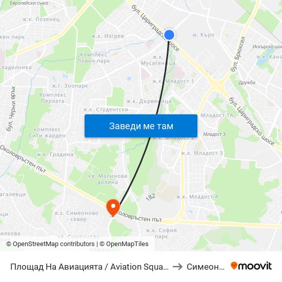 Площад На Авиацията / Aviation Square (1258) to Симеоново map