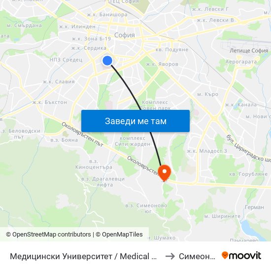 Медицински Университет / Medical University to Симеоново map