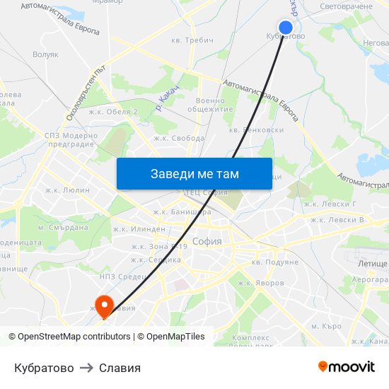 Кубратово to Славия map