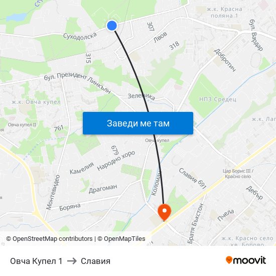 Овча Купел 1 to Славия map