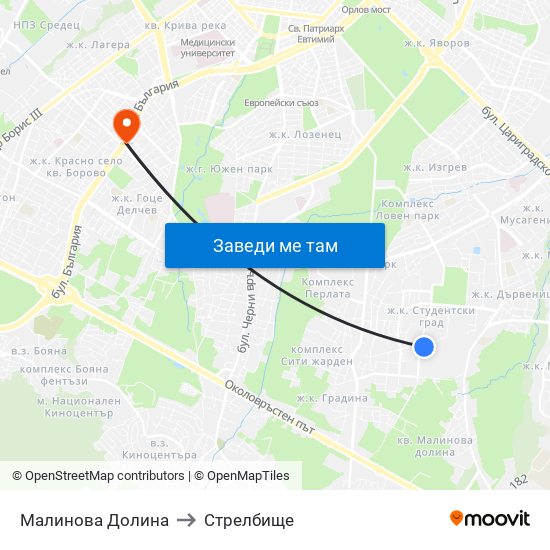 Малинова Долина to Стрелбище map