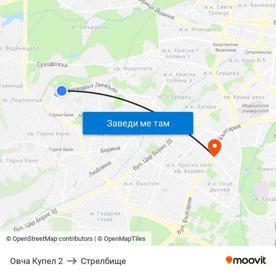 Овча Купел 2 to Стрелбище map