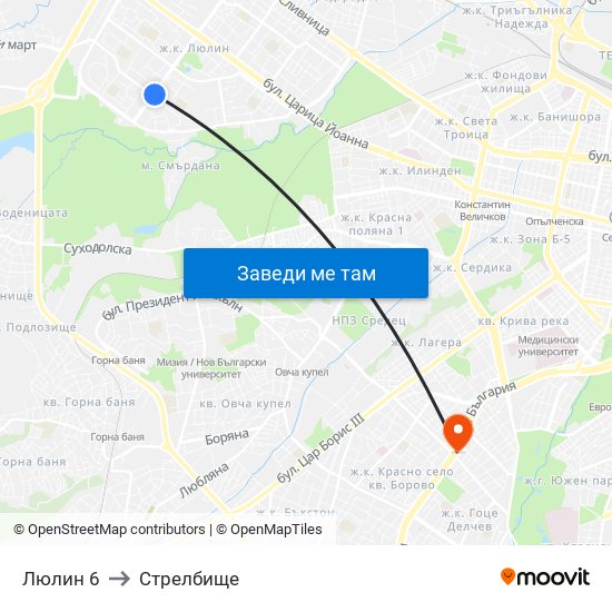 Люлин 6 to Стрелбище map