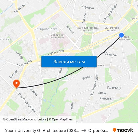 Уасг / University Of Architecture (0387) to Стрелбище map