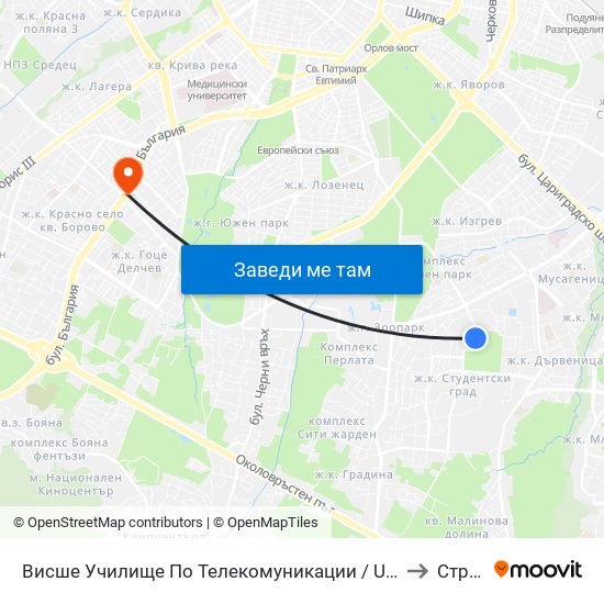 Висше Училище По Телекомуникации / University Of Telecommunications And Post (1396) to Стрелбище map