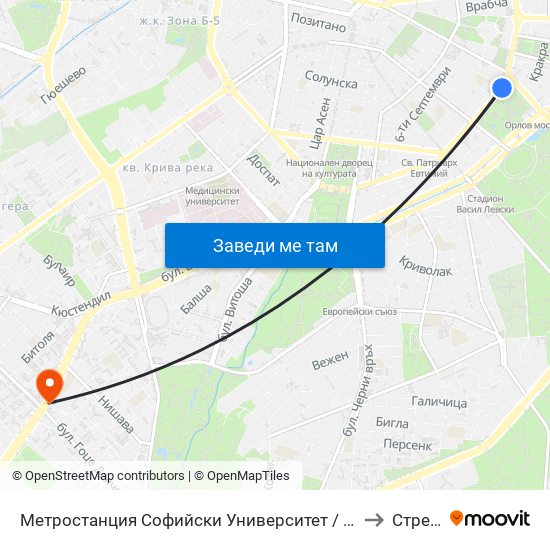 Метростанция Софийски Университет / Sofia University Metro Station (2827) to Стрелбище map