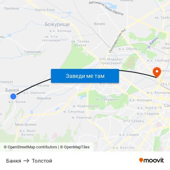 Банкя to Толстой map