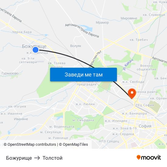 Божурище to Толстой map