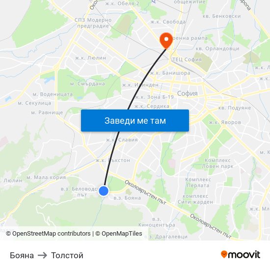 Бояна to Толстой map