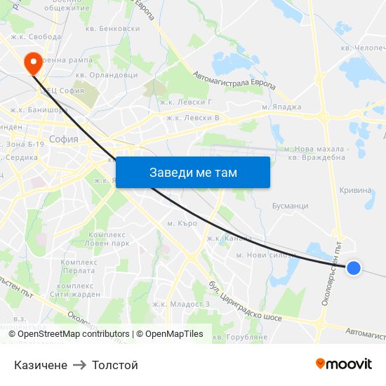 Казичене to Толстой map