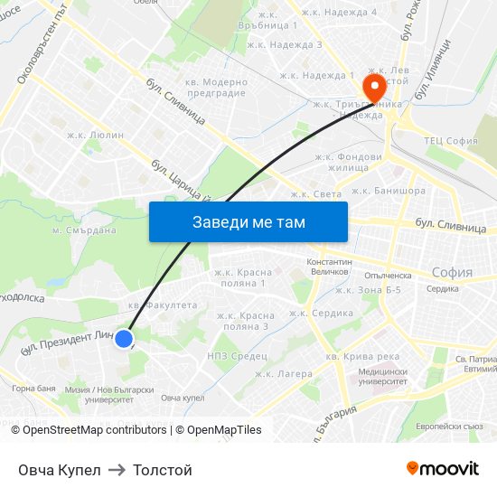 Овча Купел to Толстой map