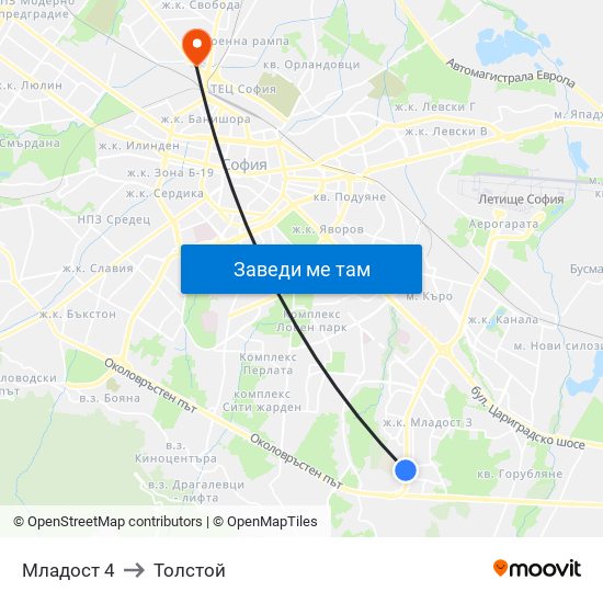 Младост 4 to Толстой map