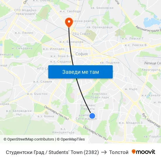 Студентски Град / Students' Town (2382) to Толстой map