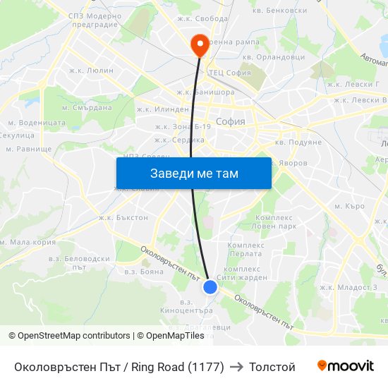 Околовръстен Път / Ring Road (1177) to Толстой map
