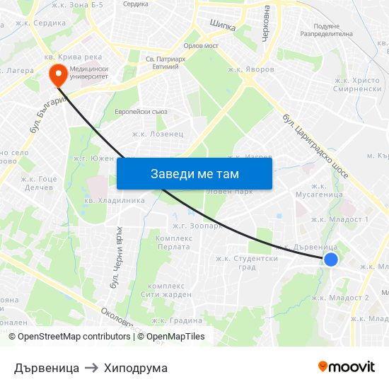 Дървеница to Хиподрума map