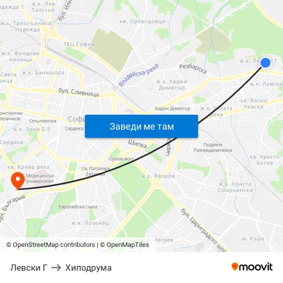 Левски Г to Хиподрума map