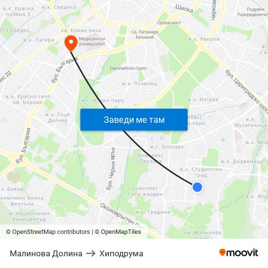 Малинова Долина to Хиподрума map