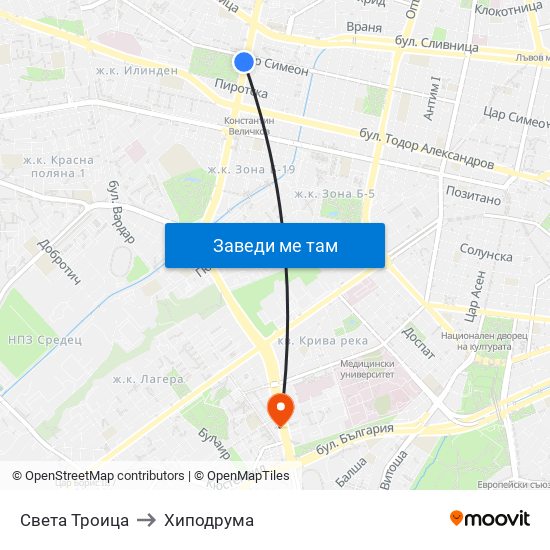 Света Троица to Хиподрума map