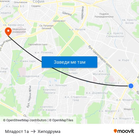 Младост 1а to Хиподрума map