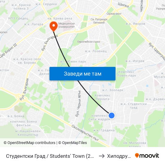 Студентски Град / Students' Town (2382) to Хиподрума map