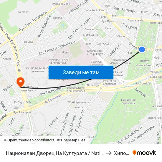 Ⓜ️ Национален Дворец На Културата / National Palace Of Culture (1139) to Хиподрума map