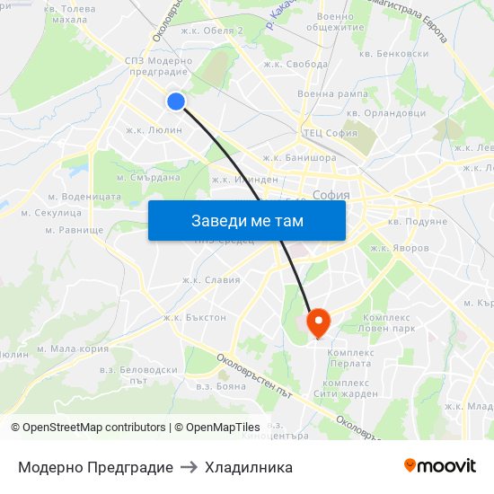 Модерно Предградие to Хладилника map