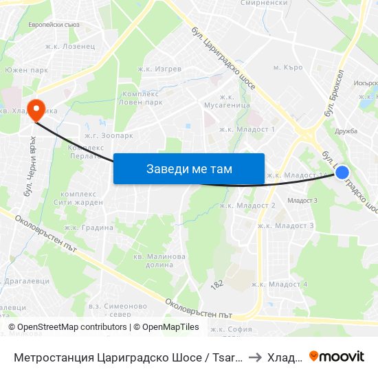 Метростанция Цариградско Шосе / Tsarigradsko Shosse Metro Station (1016) to Хладилника map