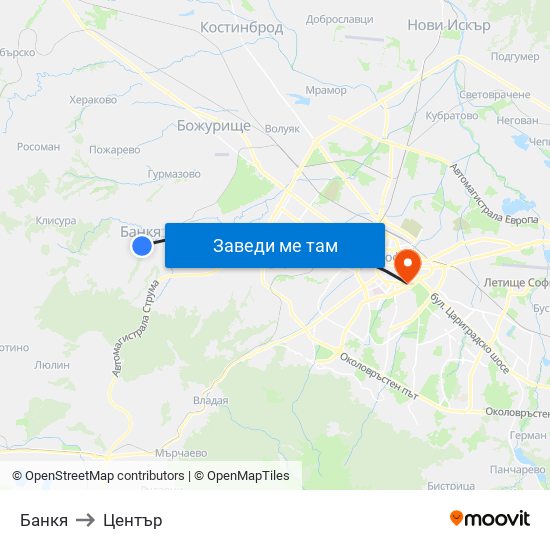 Банкя to Център map