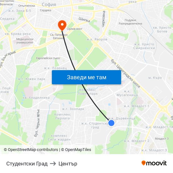 Студентски Град to Център map