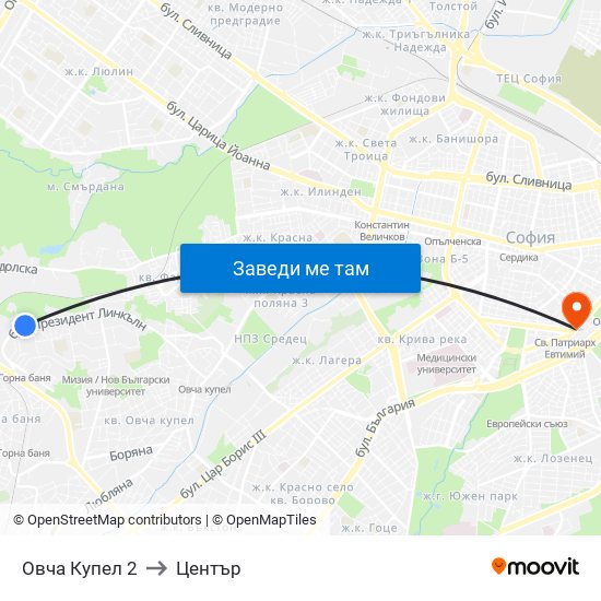 Овча Купел 2 to Център map