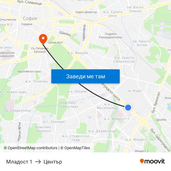Младост 1 to Център map