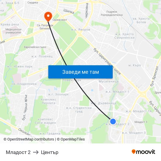 Младост 2 to Център map