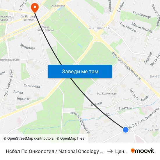 Нсбал По Онкология / National Oncology Hospital (2542) to Център map