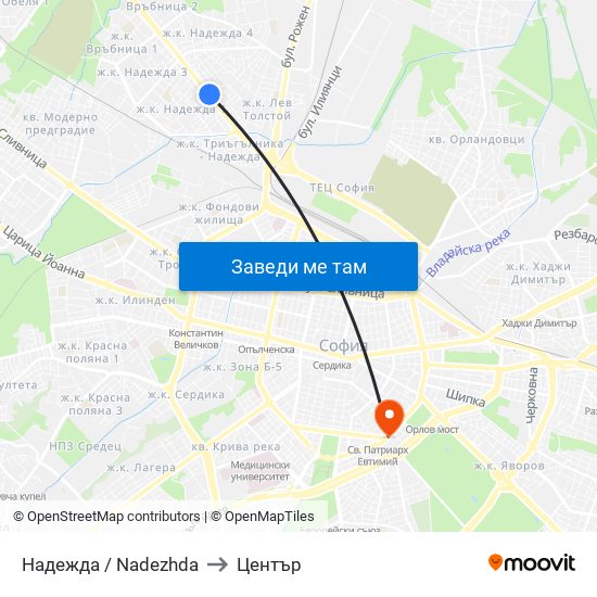 Надежда / Nadezhda to Център map