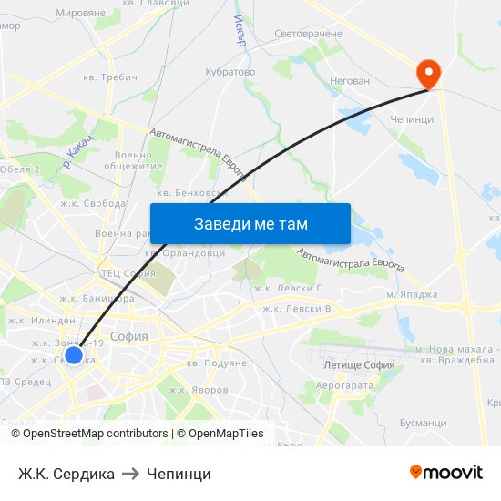 Ж.К. Сердика to Чепинци map
