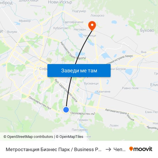 Метростанция Бизнес Парк / Business Park Metro Station (2490) to Чепинци map