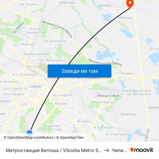 Метростанция Витоша / Vitosha Metro Station (2755) to Чепинци map